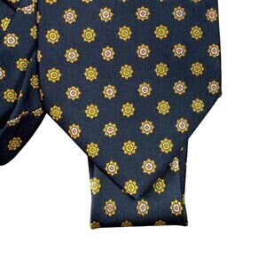 E.Marinella Napoli Dark Navy Blue with Yellow Flowers Made in Italy 100% Silk